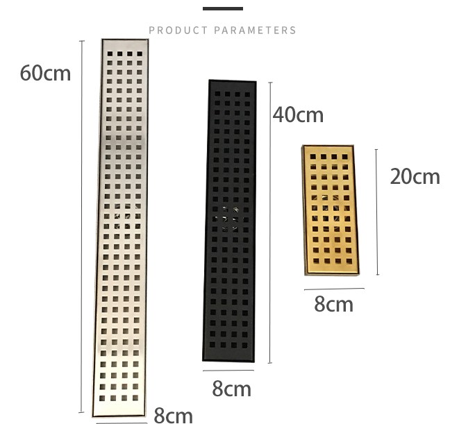 Salle de douche à grand déplacement en acier inoxydable avec siphon de sol à grille à trous rectangulaires